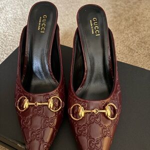 Burgundy Embossed Leather Horsebit Pointed Mules